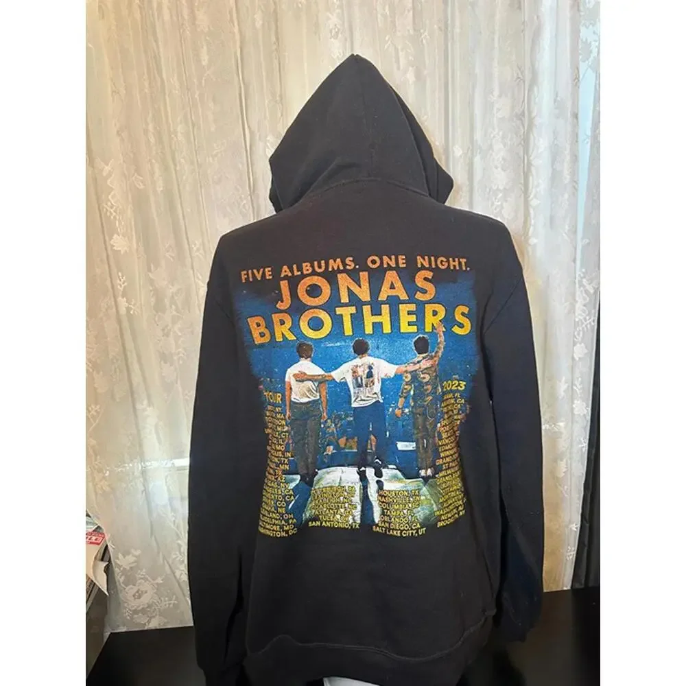 Jonas Brothers 2023 Tour Hoodie “Five Albums One Night” Concert Sweatshirt Black - Picture 1 of 2